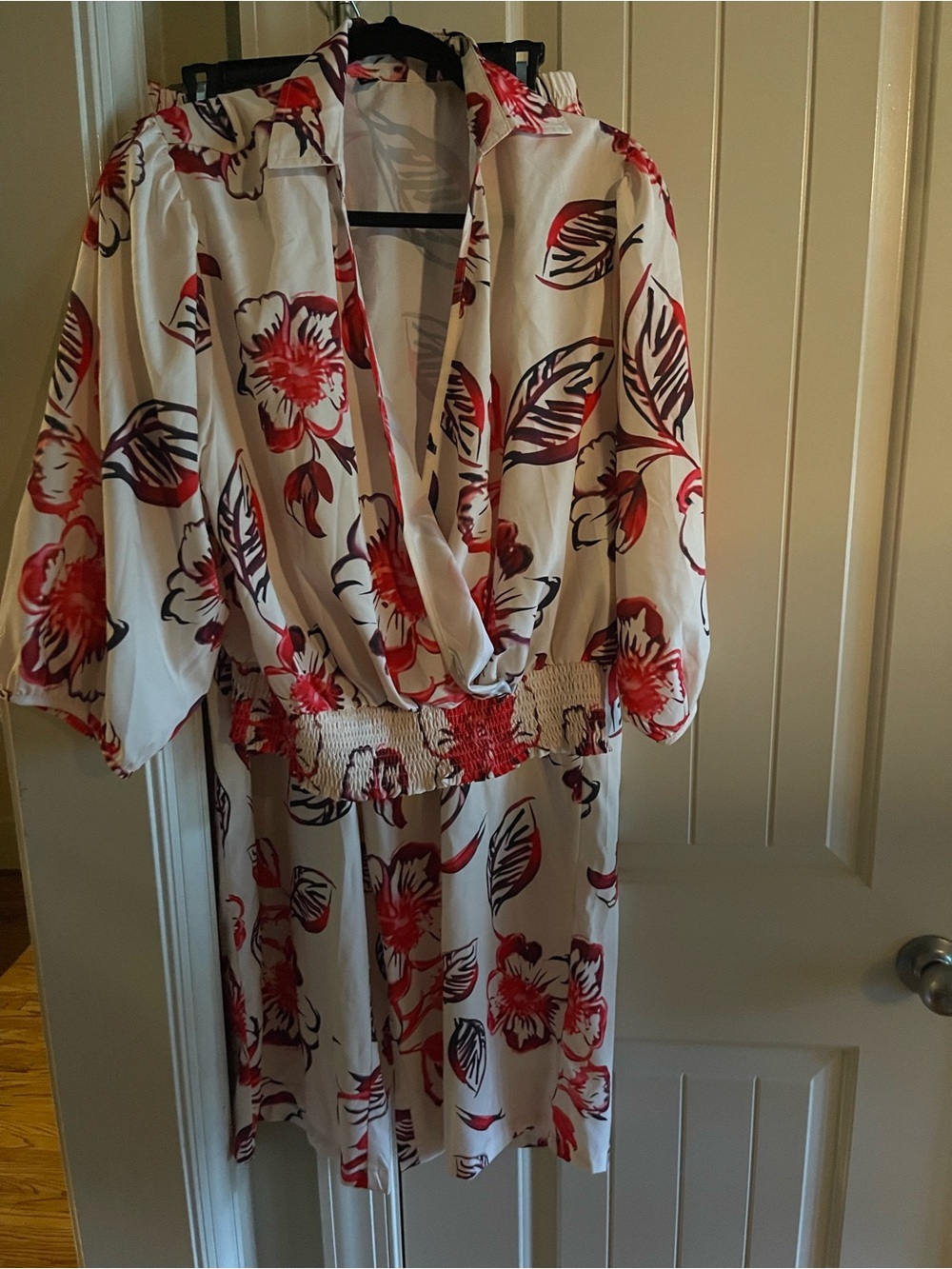 Floral Red and White Wrap-Style Dress